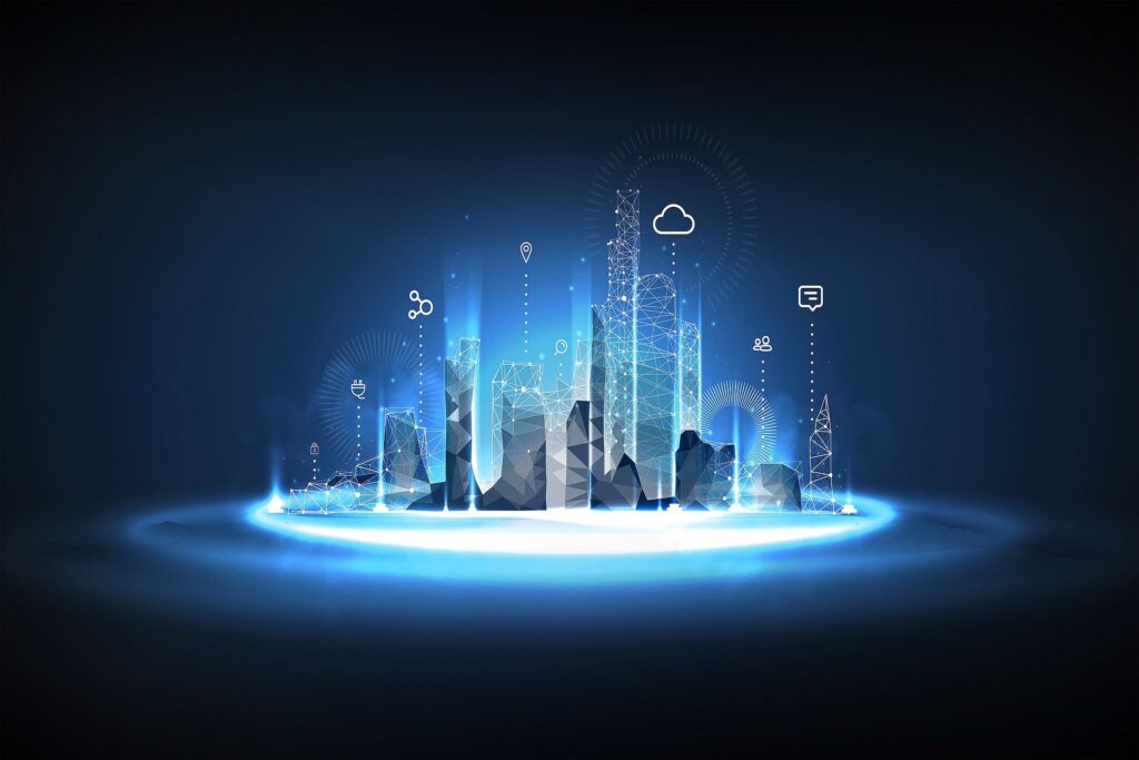 El acceso a internet como Derecho Humano 4 Ciudad futurista con diseño digital en azul y blanco, simbolizando tecnología inteligente e innovación urbana.