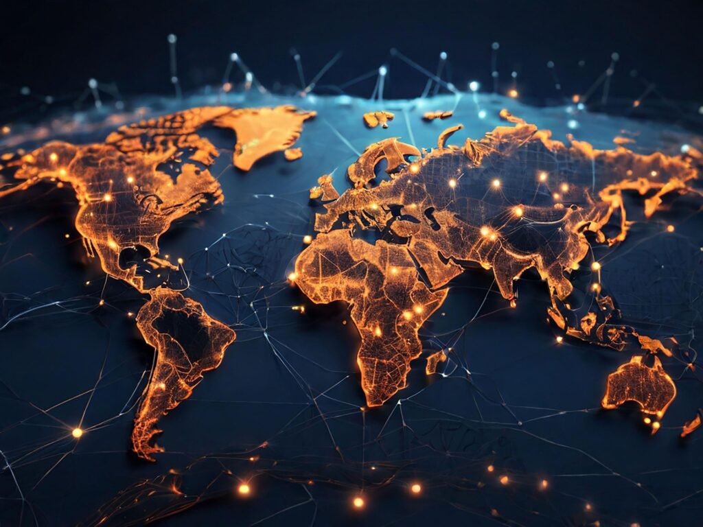 El acceso a internet como Derecho Humano 2 Mapa mundial estilizado con luces naranjas, representando conexiones globales y redes de comunicación.