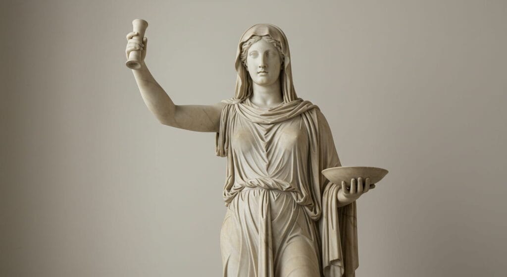 El origen de los nombres de los meses del año 7 Estatua de mármol de una diosa o sacerdotisa clásica con velo y túnica. Escultura antigua sosteniendo una antorcha y un cuenco.