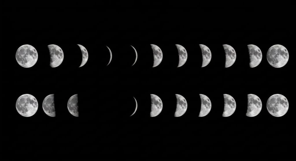 El origen de los nombres de los meses del año 3 Secuencia completa de las fases lunares sobre fondo negro. Diagrama del ciclo lunar: luna llena, menguante, cuarto menguante, creciente, luna nueva.