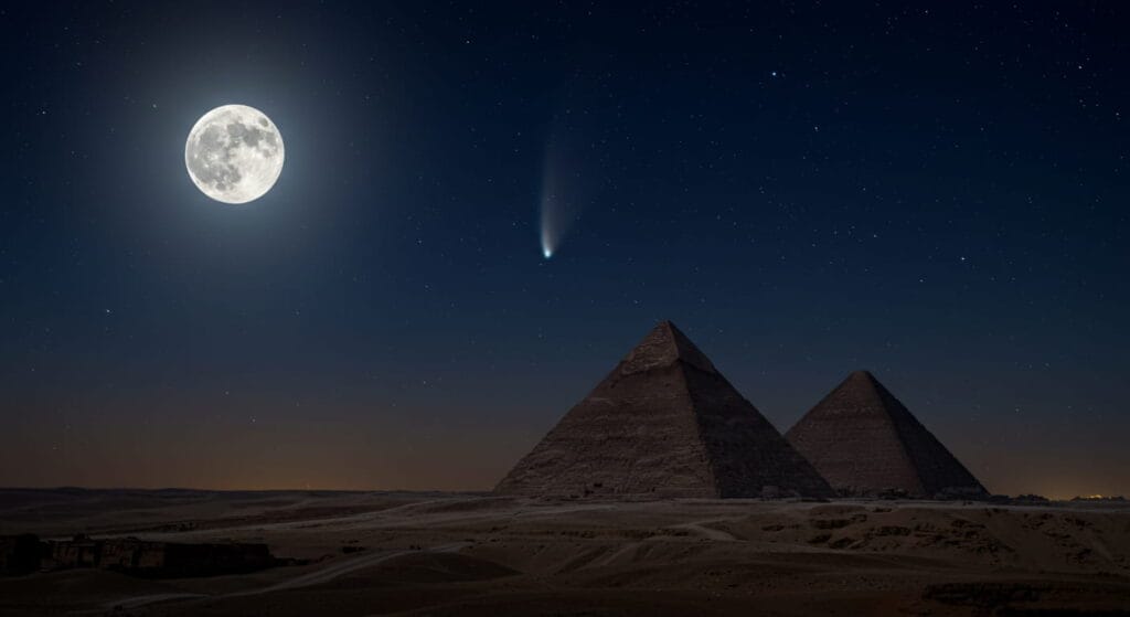 El origen de los nombres de los meses del año 2 Paisaje nocturno de las pirámides de Giza con luna llena y cometa visible. Escena de la antigua civilización egipcia bajo un cielo estrellado.