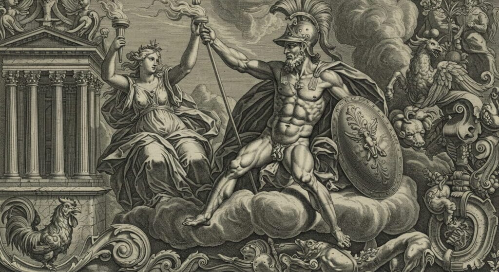 El origen de los nombres de los meses del año 6 Grabado antiguo en blanco y negro que representa a un guerrero mitológico con lanza y escudo sobre nubes. Ilustración clásica con elementos simbólicos como una diosa con antorcha, templo y animales.