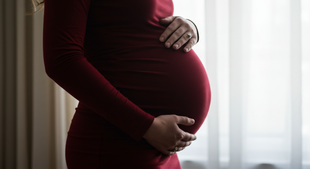 ¿Cómo percibe el mundo un bebé? 3 Mujer embarazada con vestido rojo tocando su vientre. Imagen de una futura mamá con un vestido ajustado rojo, acariciando su embarazo.