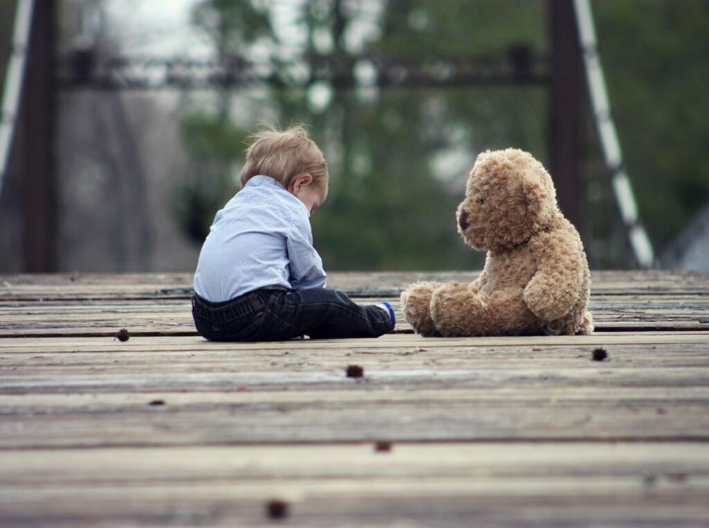 ¿Cómo percibe el mundo un bebé? 1 Niño con osito de peluche sentado en un puente de madera. Imagen de un niño pequeño acompañado de un oso de peluche, sentado en un puente.