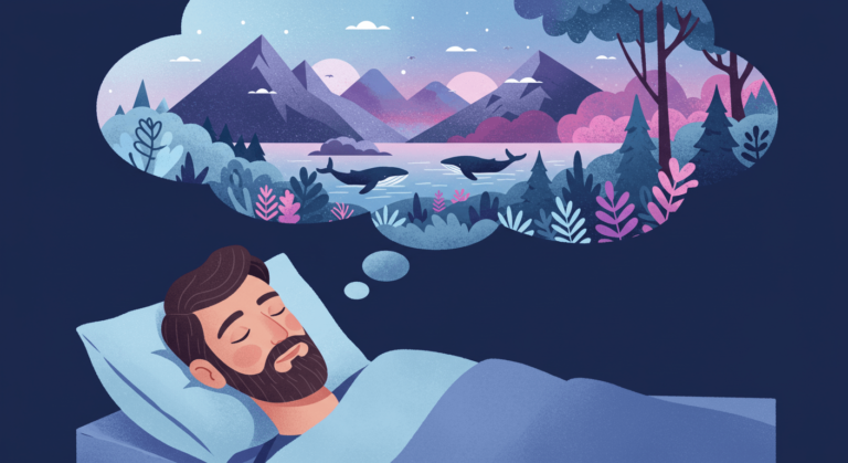 Hombre soñando con ballenas y naturaleza. Ilustración de un hombre durmiendo con un sueño de un paisaje fantástico con ballenas. Sueños y fantasía.