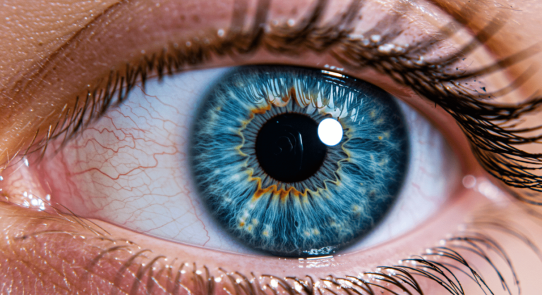 Primer plano de un ojo azul intenso con detalles intrincados en el iris. Imagen de alta calidad para temas de belleza, salud visual o retratos. Accesibilidad: Imagen descriptiva para personas con discapacidad visual.