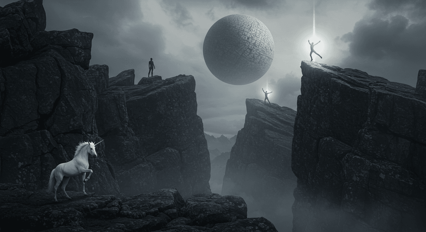 2. Optimized Spanish Alt Text: Paisaje fantasía rocoso. Imagen surrealista con acantilados, unicornio blanco, figuras humanas y esfera flotante. Escena con atmósfera oscura y tonos grises. Mundo fantástico con elementos mágicos.