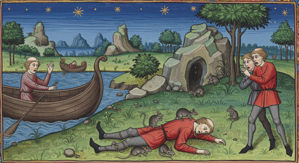 La peste negra, la epidemia más mortífera de Europa 3 Ilustración medieval de la peste negra mostrando un hombre cubierto de ratas y personajes horrorizados. Representación histórica de la propagación de la enfermedad. Arte medieval sobre la epidemia.