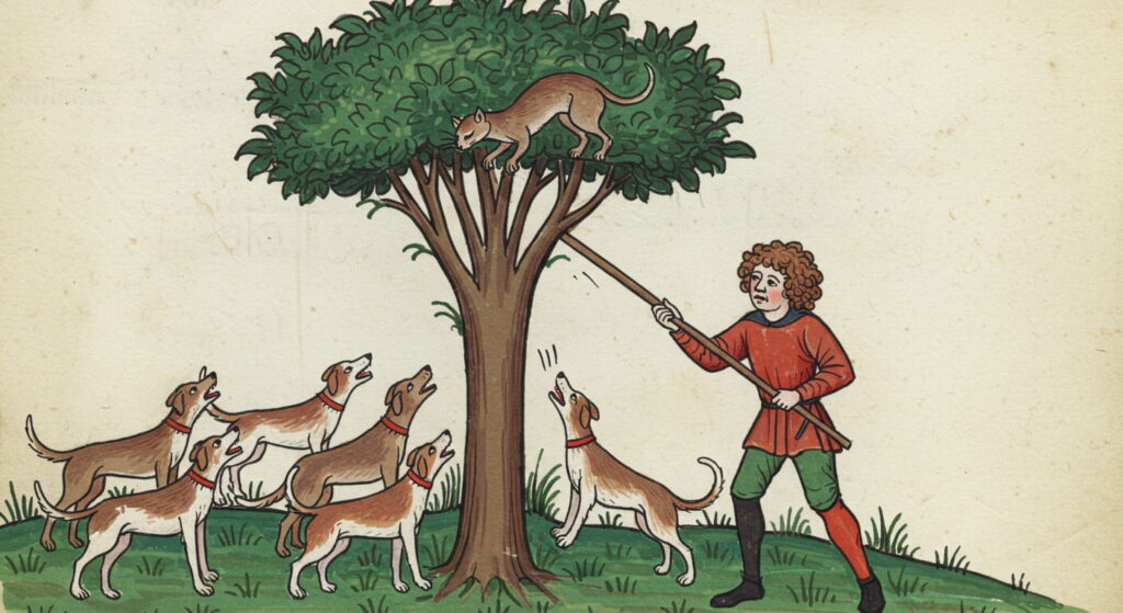 La peste negra, la epidemia más mortífera de Europa 5 Ilustración medieval mostrando una cacería o control de plagas, con un animal en un árbol y perros ladrando. Arte histórico sobre la vida rural y la gestión de animales. Dibujo medieval de animales y cazadores.