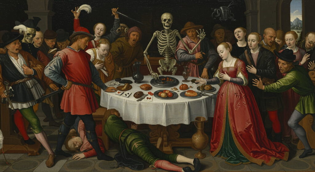 La peste negra, la epidemia más mortífera de Europa 6 Pintura renacentista mostrando una escena de terror con la Muerte interrumpiendo un banquete. Obra de arte sobre la mortalidad humana y la inevitabilidad de la muerte. Representación de la muerte en el arte.