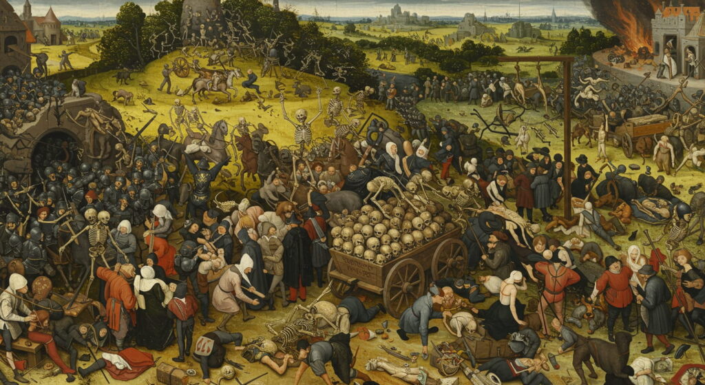La peste negra, la epidemia más mortífera de Europa 2 Pintura renacentista que representa la alegoría de la Muerte, con esqueletos y escenas de caos generalizado. Obra de arte sobre la mortalidad y el apocalipsis. Arte medieval sobre la epidemia.
