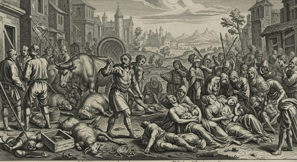 La peste negra, la epidemia más mortífera de Europa 1 Grabado antiguo mostrando una ciudad devastada por la peste o hambruna, con personas sufriendo y cadáveres. Imagen histórica de crisis y sufrimiento. Arte sobre la fragilidad de la vida.