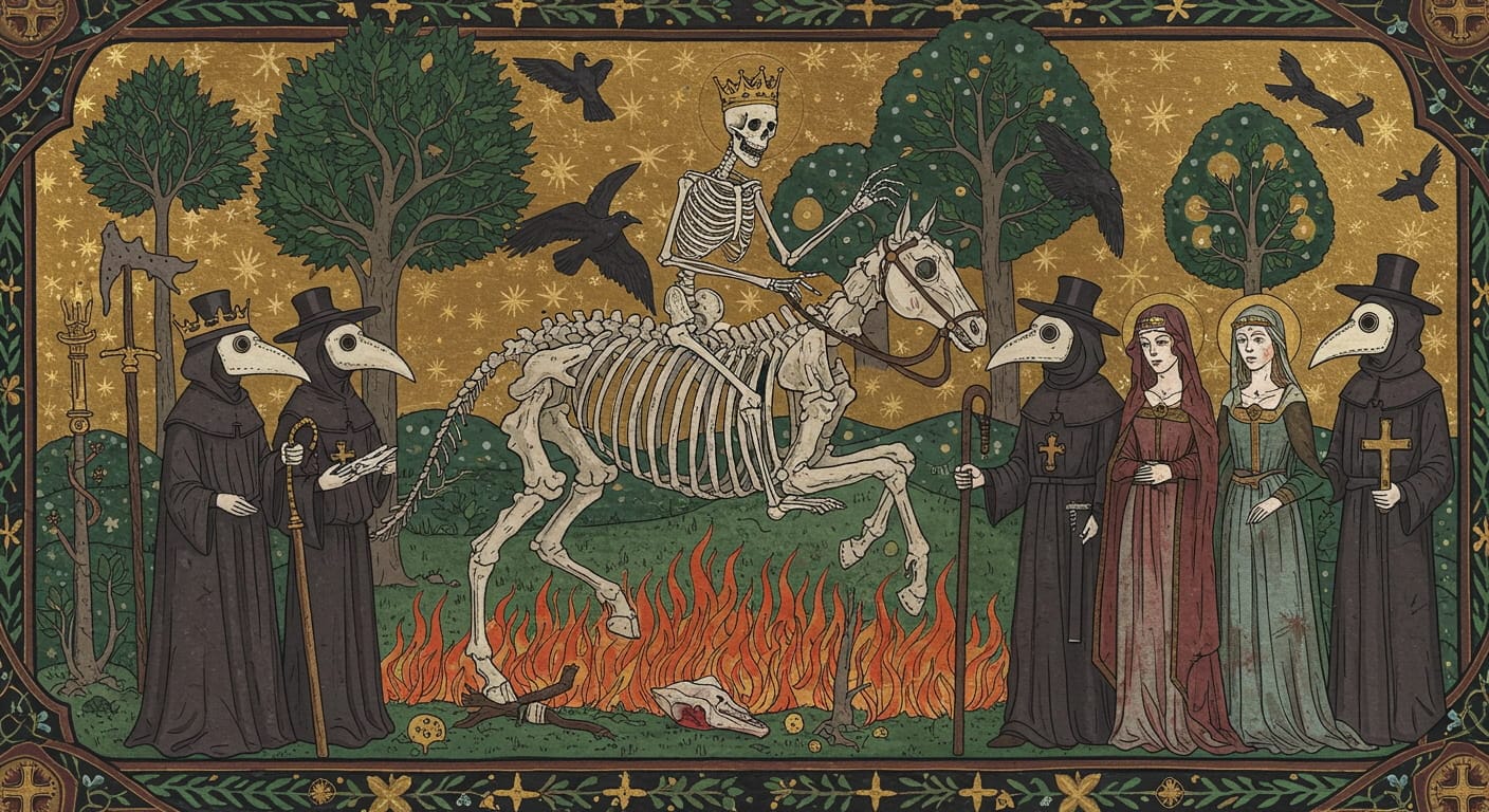 Ilustración medieval sobre la peste negra, con la Muerte a caballo, médicos de la peste y símbolos religiosos. Arte histórico sobre la epidemia y sus consecuencias. Representación artística de la Muerte.