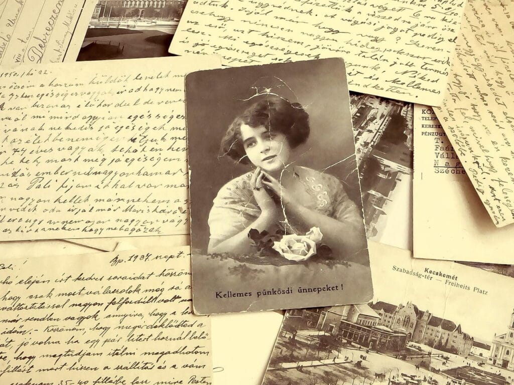 El enigma del Asesino del Zodiaco: Un misterio que podría haberse resuelto 4 Foto antigua con carta y postal: Una fotografía de estilo vintage que muestra una postal en blanco y negro con la imagen de una mujer enmarcada por cartas manuscritas de fondo.