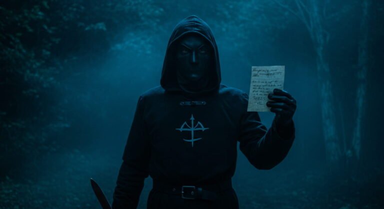Figura misteriosa en el bosque: Una persona con capucha y máscara negra, sosteniendo una carta en un entorno de bosque oscuro e iluminado por una tenue luz azul, creando una escena enigmática.