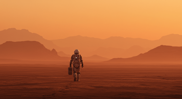 Astronauta caminando en un desierto rojizo con montañas en la distancia bajo un cielo anaranjado. Imagen de exploración espacial y soledad. Accesible para personas con discapacidad visual.