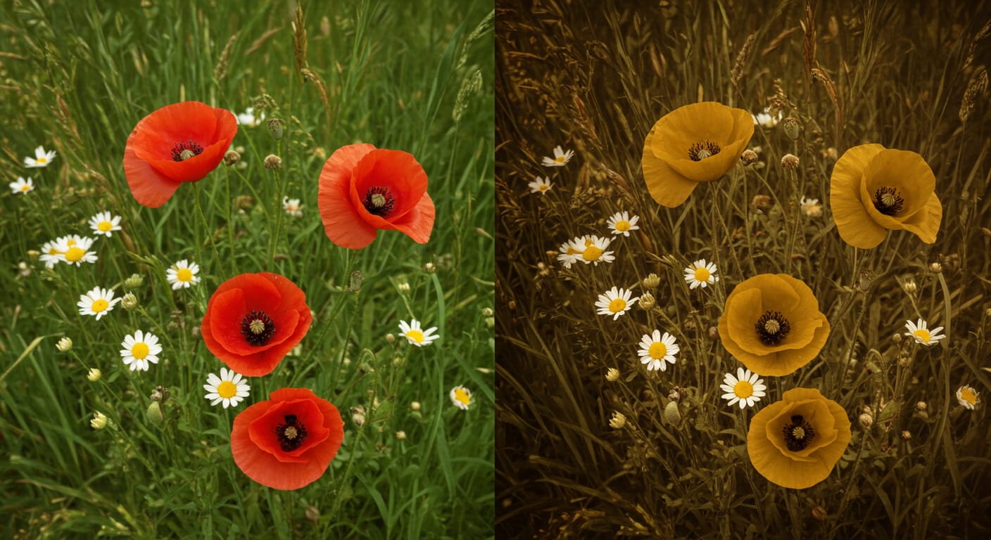 Comparación del color en flores silvestres: amapolas rojas y margaritas en un campo verde versus versión desaturada con filtro sepia. Imagen que ilustra la percepción del color.