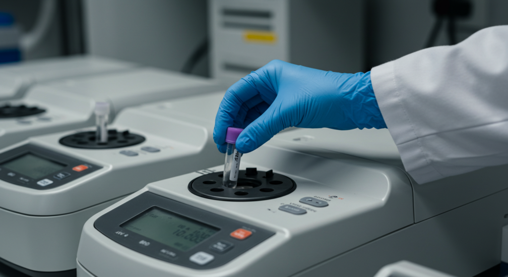 HMPV: Innovaciones en el Control de Infecciones Respiratorias 5 Laboratory Technician Handling PCR Sample in Thermal Cycler