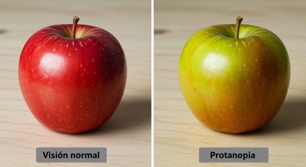 El Daltonismo 9 Comparación de visión: manzana vista con visión normal vs. protanopia (daltonismo rojo-verde). Entiende cómo cambia la percepción del color con deficiencia visual. Imagen educativa sobre daltonismo y la experiencia visual de las personas con protanopia. #daltonismo #protanopia #visión #cegueraalcolor #saludvisual #oftalmología #manzana #color