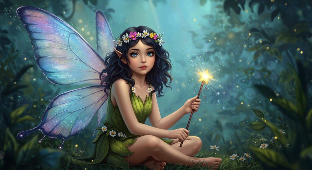 Hadas: Origen, secretos y misterios de estos seres mágicos 1 Ilustración de una hada con alas translúcidas brillantes en tonos azules y violetas, vestida con un traje verde decorado con flores blancas. Sostiene una varita luminosa con forma de estrella en un ambiente mágico de bosque.