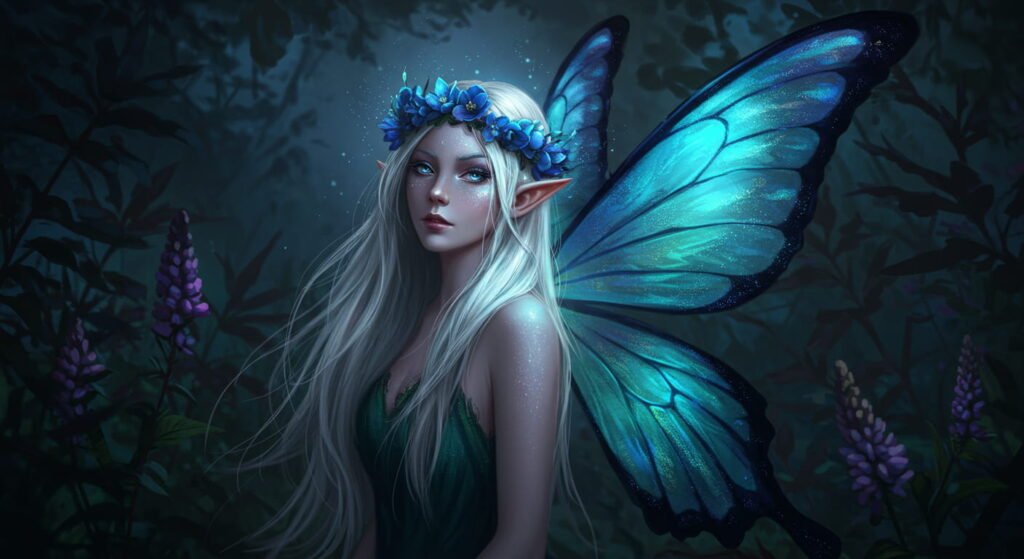 Hadas: Origen, secretos y misterios de estos seres mágicos 2 Retrato de una hada mágica con cabello largo plateado-azul y alas iridiscentes en tonos azul y verde. Fondo oscuro con follaje y flores púrpuras, resaltando un ambiente místico y encantador.