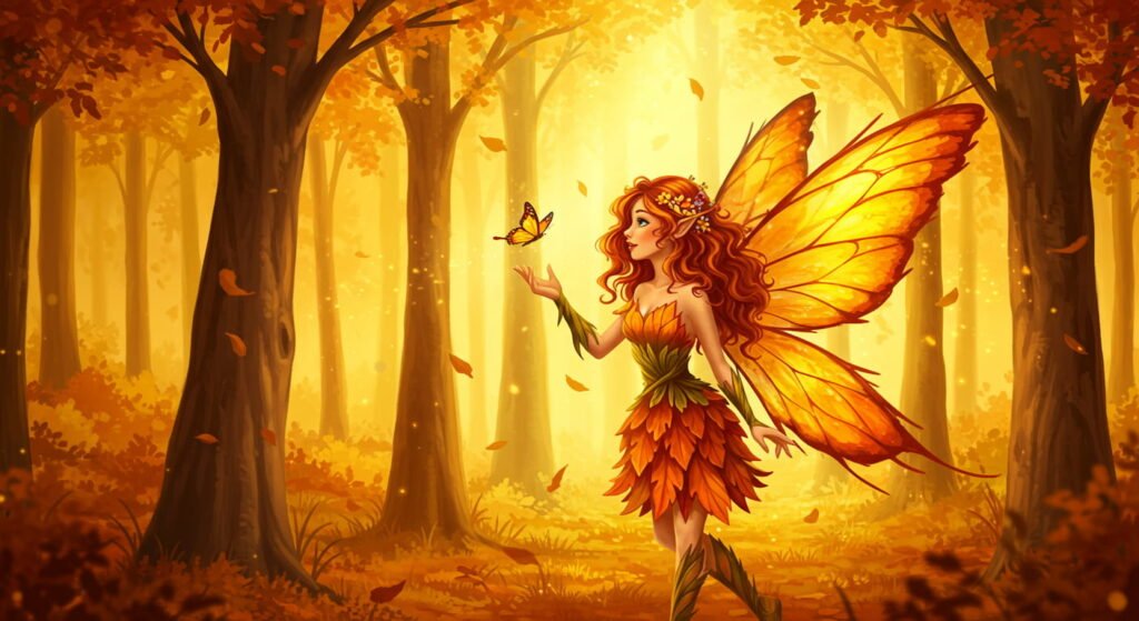 Hadas: Origen, secretos y misterios de estos seres mágicos 3 Hada en un bosque otoñal con alas anaranjadas, rodeada de árboles dorados y hojas caídas. Lleva un vestido inspirado en la naturaleza y sostiene una mariposa en un ambiente cálido y mágico.