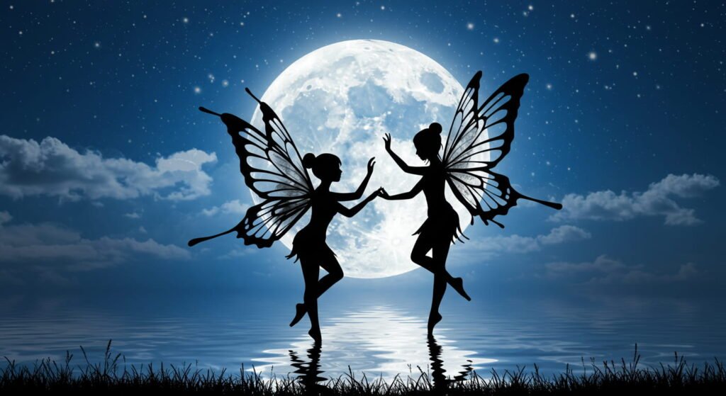 Hadas: Origen, secretos y misterios de estos seres mágicos 4 Siluetas de dos hadas bailando bajo una luna llena, con un cielo nocturno azul estrellado y reflejo en el agua. Escena mágica con alas de mariposa y ambiente de fantasía.