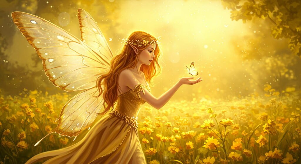 Hadas: Origen, secretos y misterios de estos seres mágicos 5 Hada elegante con cabello dorado y alas translúcidas brillantes en un entorno soleado. Viste un vestido dorado y sostiene una mariposa mientras está rodeada de un campo floral mágico.