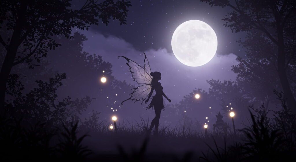 Hadas: Origen, secretos y misterios de estos seres mágicos 6 Escena nocturna con la silueta de un hada y sus alas translúcidas, iluminada por una luna llena. Fondo con tonos púrpuras, niebla y árboles oscuros, en un entorno mágico y etéreo.