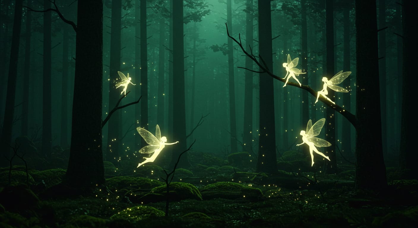 Un bosque místico con altos árboles oscuros iluminados por una luz verde y misteriosa. Hadas brillantes con alas translúcidas revolotean y descansan en las ramas, emitiendo un resplandor mágico. El suelo está cubierto de musgo con destellos de luz esparcidos por la escena, mientras una suave neblina refuerza la atmósfera mágica y encantadora del lugar.