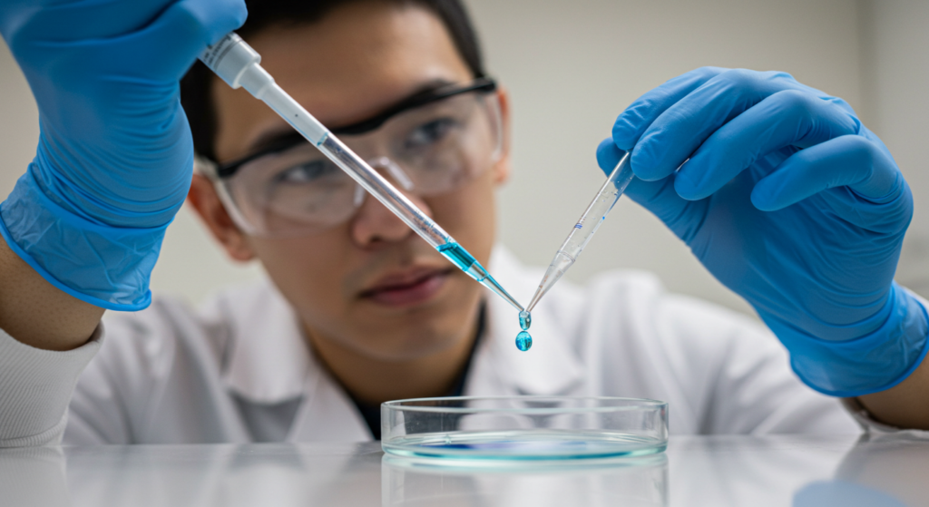 HMPV: Innovaciones en el Control de Infecciones Respiratorias 3 un investigador en un laboratorio, enfocado en manipular una pipeta con líquido azul que está goteando sobre una placa de Petri transparente