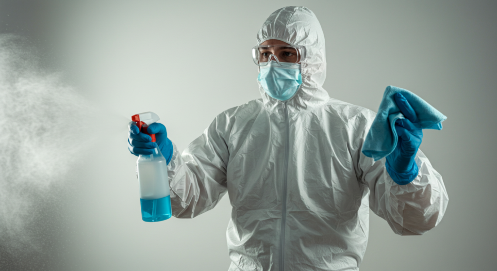 HMPV: Innovaciones en el Control de Infecciones Respiratorias 4 persona vestida con un traje de protección completo, incluyendo un mono blanco, guantes azules, mascarilla y gafas de seguridad