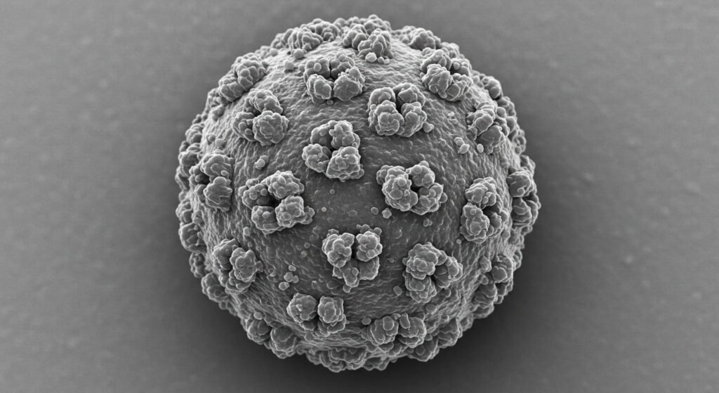 HMPV: Innovaciones en el Control de Infecciones Respiratorias 1 Emulación de micrografía electrónica del virus del sarampión, mostrando su estructura granular y redondeada en escala de grises, género Morbillivirus.