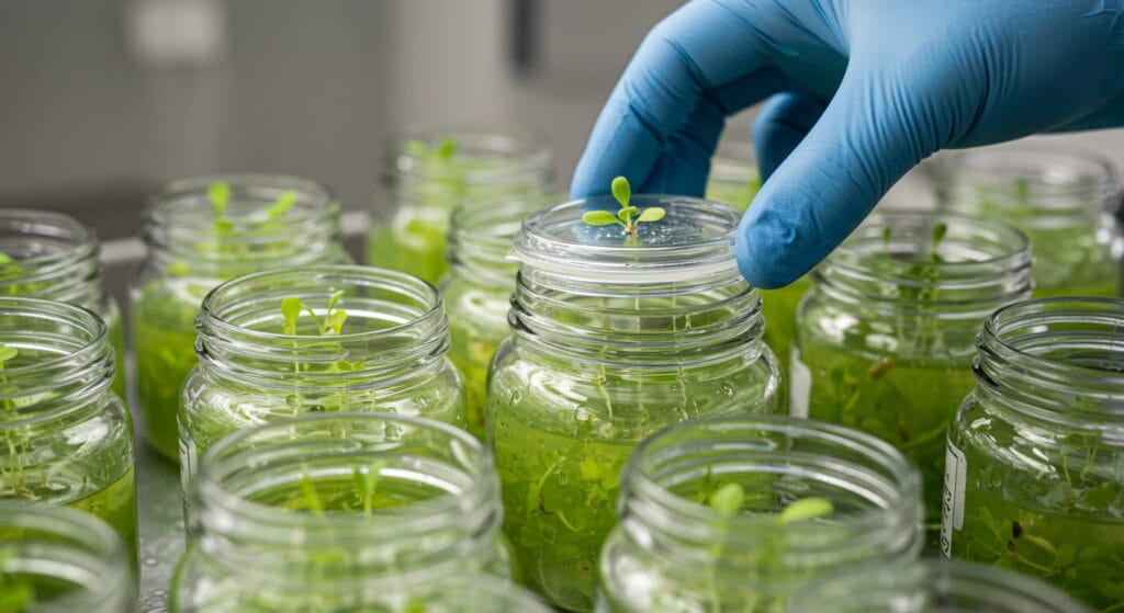 La vida… ¿Nos dio limones para hacer limonada? 7 Mano ajustando la tapa de un frasco transparente en un laboratorio, con plantas creciendo en gel estéril dentro de varios frascos organizados en una superficie metálica.