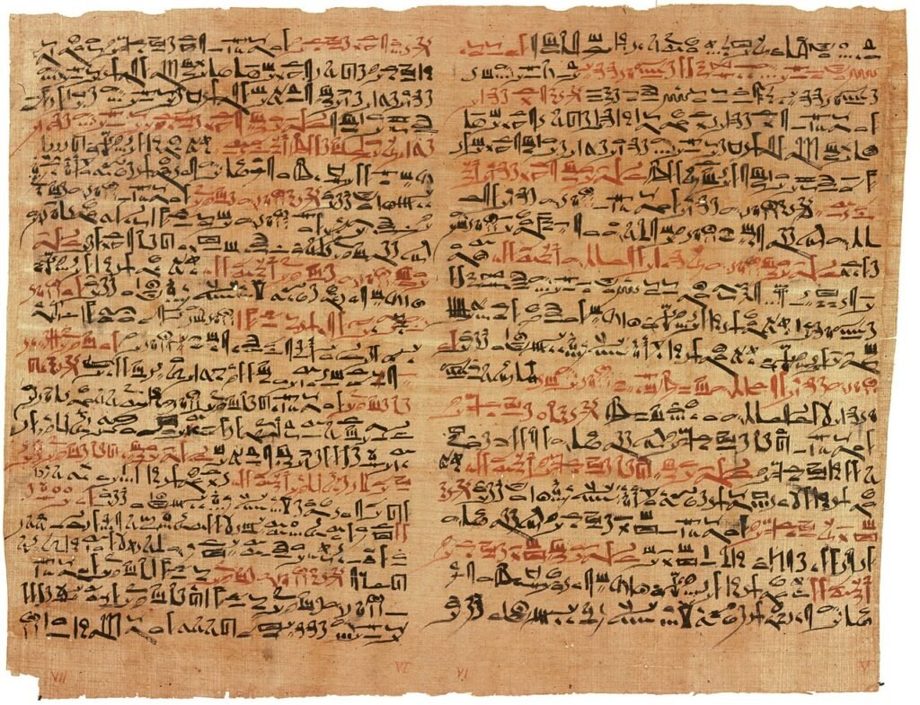 El poder de las plantas medicinales en la historia 1 Papiro antiguo con inscripciones en escritura jeroglífica, reflejando el conocimiento ancestral sobre plantas medicinales y prácticas curativas.