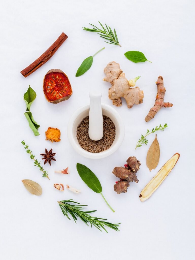El poder de las plantas medicinales en la historia 6 Arreglo de hierbas y especias naturales dispuestas en un círculo alrededor de un mortero blanco, simbolizando la conexión entre la naturaleza y la medicina tradicional.