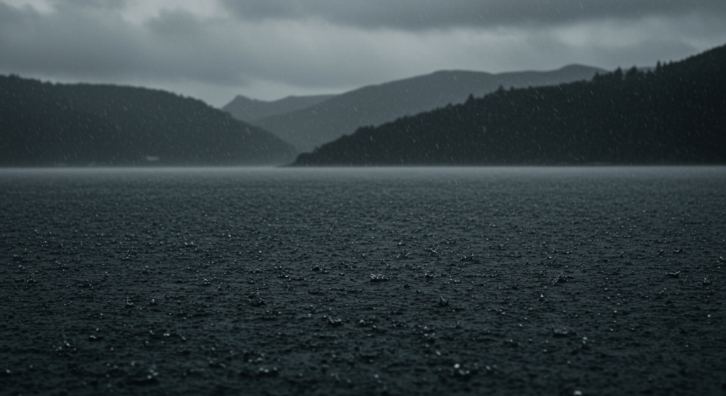 El origen del agua en la Tierra: cómo llegó el líquido vital a nuestro planeta 3 Imagen atmosférica de agua oscura y agitada en un lago o mar durante una tormenta. Fondo con montañas borrosas bajo un cielo nublado. Ideal para evocar emociones de melancolía y la fuerza de la naturaleza.