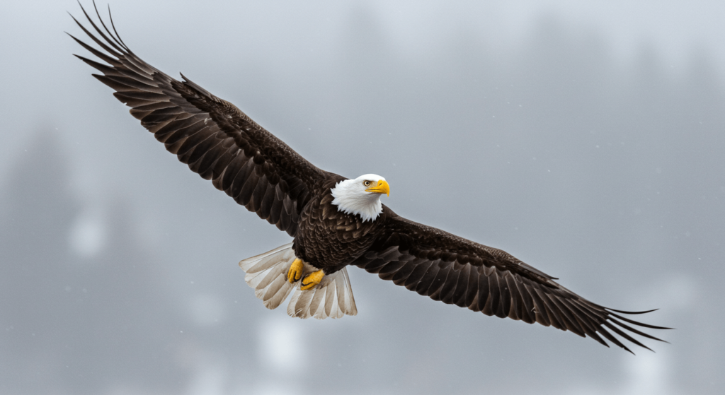 Águila: el rey del cielo y su increíble mundo 3 Águila calva volando en medio de la nieve. Símbolo de Estados Unidos, libertad, ave rapaz