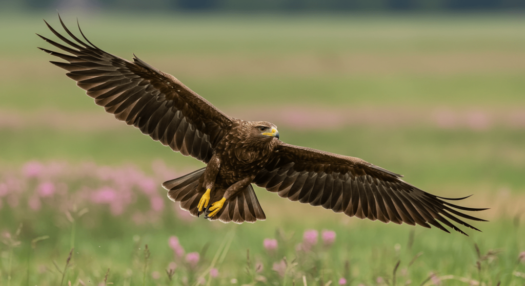 Águila: el rey del cielo y su increíble mundo 1 Águila morena volando sobre un campo florido. Ave rapaz, naturaleza salvaje, libertad