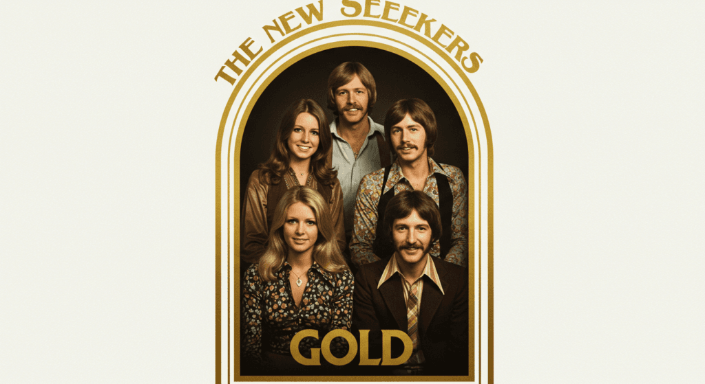 Plagio musical: cuándo una inspiración se convierte en una copia ilegal 6 "Portada del álbum 'The New Seekers Gold' con estilo retro. Imagen de grupo musical de los años 70 con diseño dorado."