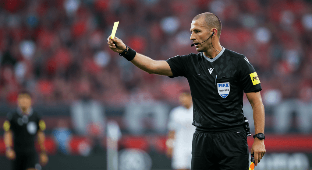 Copa Mundial: curiosidades y datos que pocos conocen 4 Árbitro de fútbol mostrando una tarjeta amarilla. Sanción, reglamento deportivo