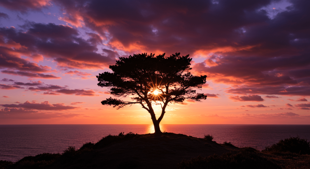 El origen del agua en la Tierra: cómo llegó el líquido vital a nuestro planeta 6 Imagen serena de un árbol silueteado al atardecer con el sol brillando a través de sus ramas, sobre un paisaje de océano y cielo con nubes rojas y púrpuras. Ideal para temas de naturaleza, tranquilidad y paisajes inspiradores.