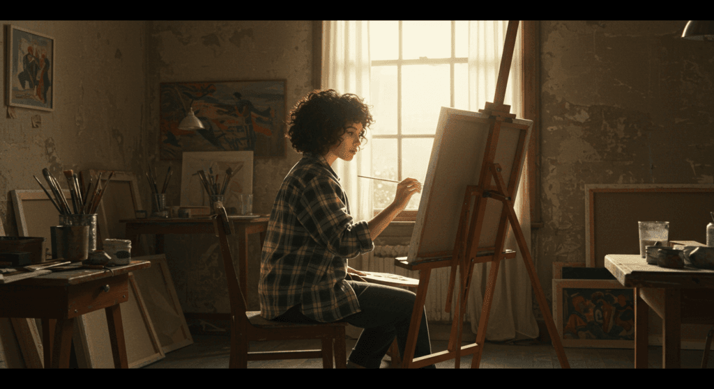 ¿Los genios del arte calcaban sus obras? Descubre la verdad detrás de la imitación en el arte 7 Fotografía de una joven artista pintando en su estudio. La luz natural ilumina la escena. Ideal para contenido sobre arte, pintura, creatividad o inspiración.