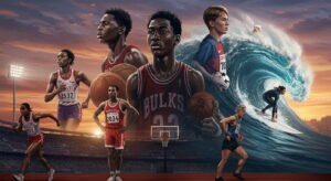 Ilustración motivadora de varios atletas que simbolizan la resiliencia en el deporte. Una corredora representa la superación de Wilma Rudolph, un joven jugador de baloncesto mira decidido hacia un aro como Michael Jordan, una surfista con un solo brazo desafía una ola al estilo de Bethany Hamilton, un niño con un balón de fútbol simboliza los inicios de Lionel Messi, una gimnasta se prepara con determinación como Simone Biles, y un corredor herido cruza la meta con ayuda de su padre, evocando a Derek Redmond. La escena transmite superación, perseverancia y esperanza con un amanecer de fondo y colores vibrantes.