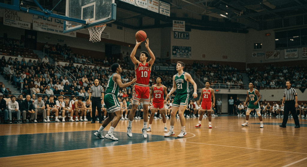Baloncesto: De un Juego Escolar a un Fenómeno Global 6 Imagen vintage partido de baloncesto con jugadores rojos y verdes. Competición deportiva con público en grada.
