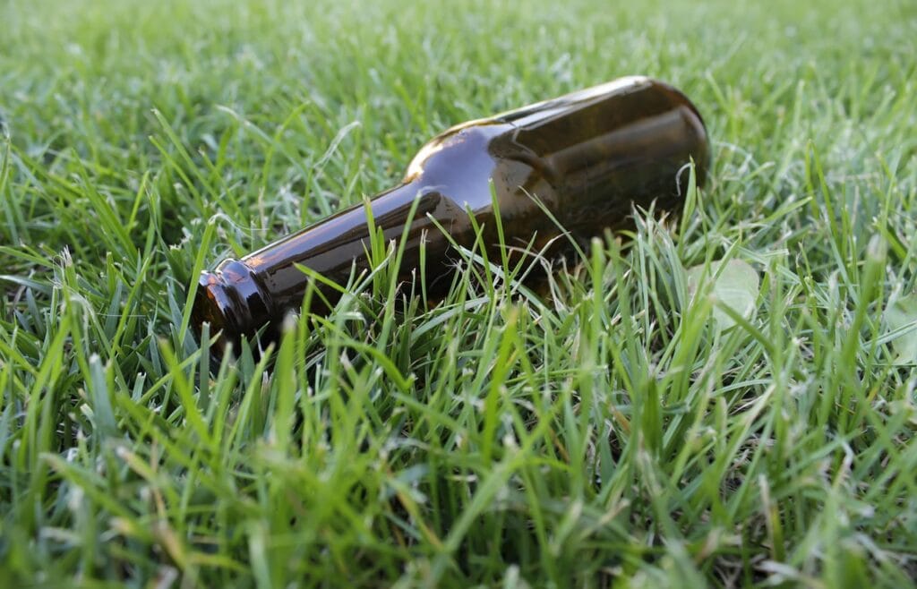 ¿Por Qué el Alcohol Nos Hace Perder la Memoria? 4 Botella de vidrio vacía tirada en el césped.
