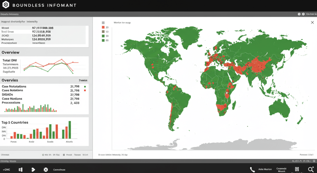 El caso Edward Snowden 3 Captura de pantalla de "Boundless Informant" mostrando mapa mundial de intensidad de recolección de datos. Métricas de DNI, DNR y los 5 países principales.