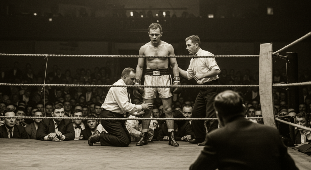 El Arte del Boxeo: Historia, Evolución y Maestría en el Ring 2 Fotografía antigua en blanco y negro de un combate de boxeo con público. Escena de boxeo histórico.