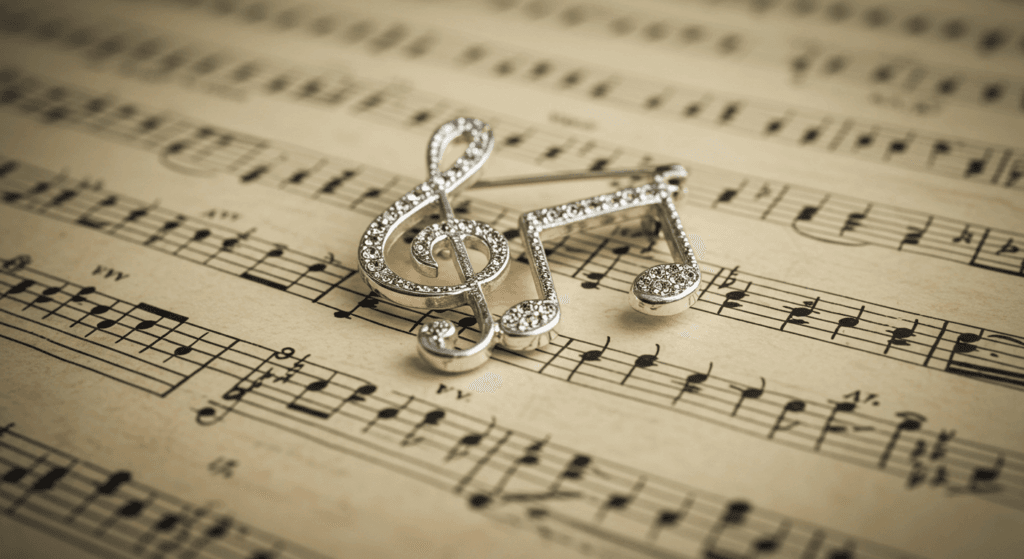 Plagio musical: cuándo una inspiración se convierte en una copia ilegal 2 "Broche de clave de sol plateado sobre partitura musical antigua. Accesorio musical elegante para amantes de la música y eventos culturales."