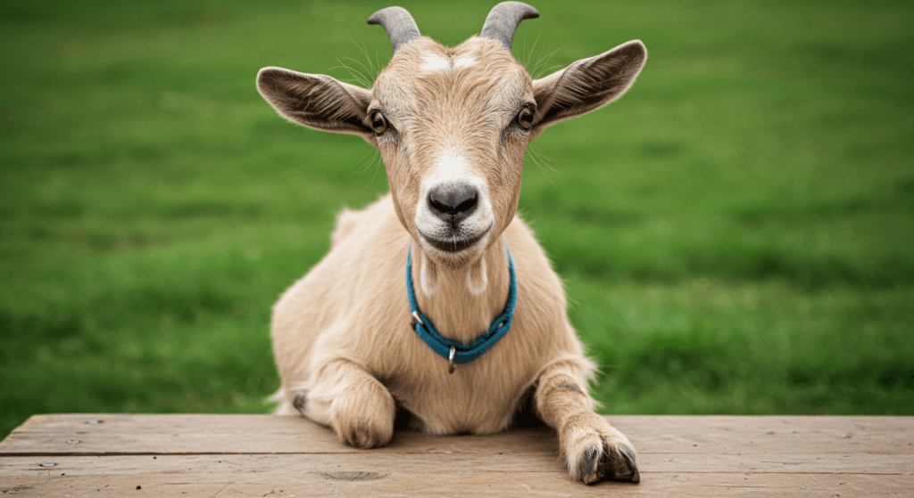 Animales que se drogan: la sorprendente búsqueda del placer en la naturaleza 3 Cabra mirando a la cámara. Fotografía de primer plano de cabra color crema con collar azul, descansando sobre madera. Imagen de animales de granja